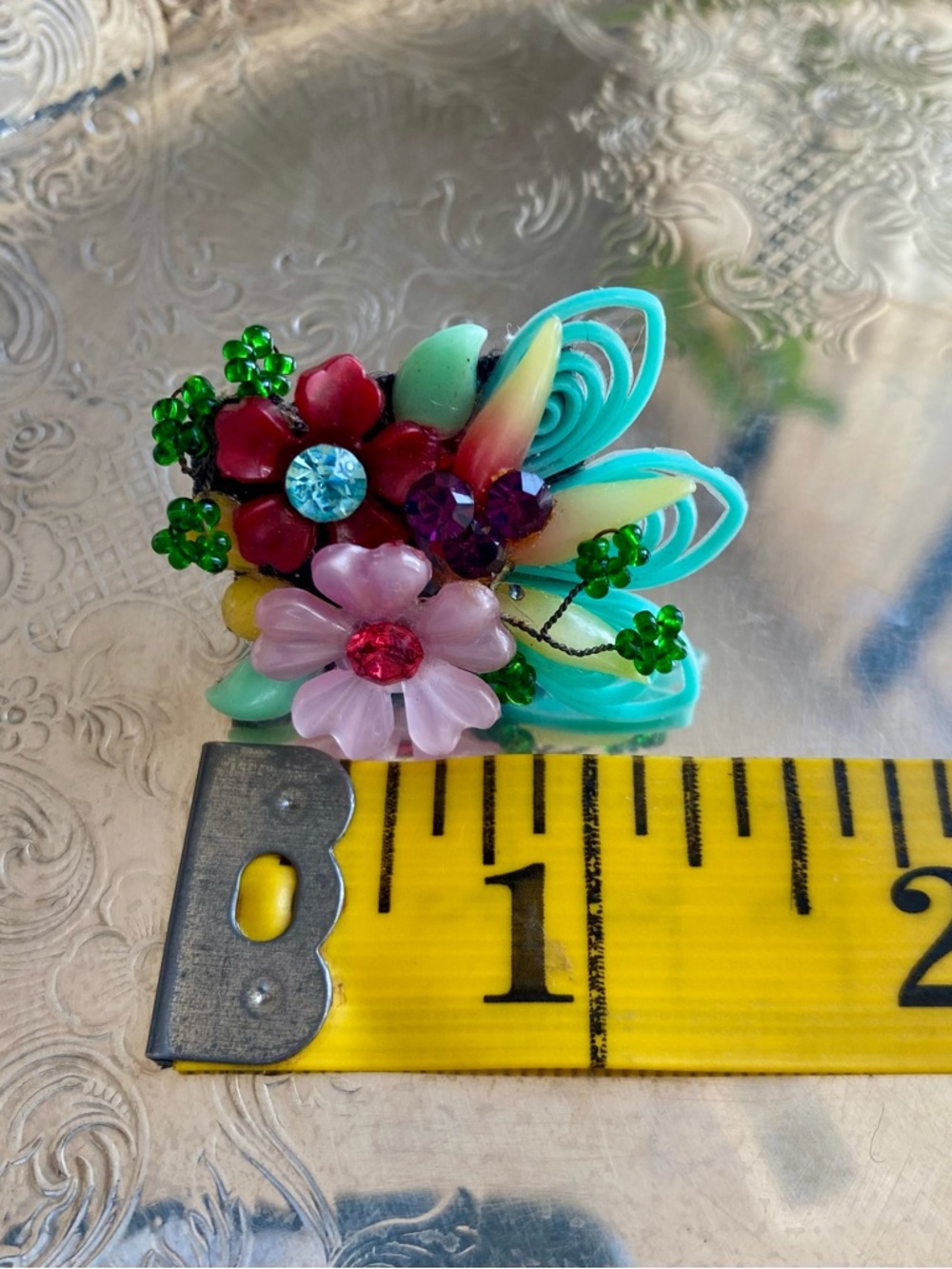 Vintage Mid Century from Hawaii Flower Bouquet Post Earrings w/ Rhinestones) - Picture 6 of 6
